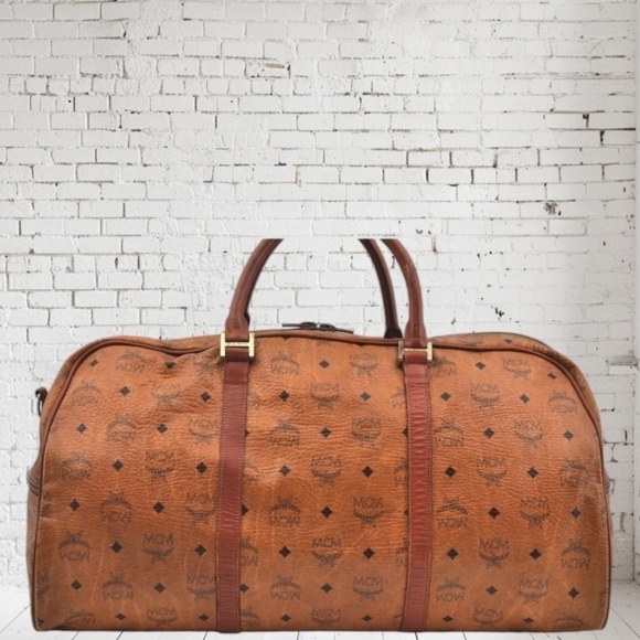 MCM Visetos Leather Boston Bag Brown Unisex Vintage - Picture 3 of 17